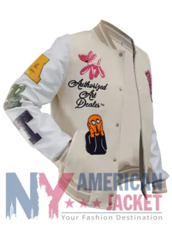 First Row Art Dealer Graphic Cream Cropped Varsity Jacket