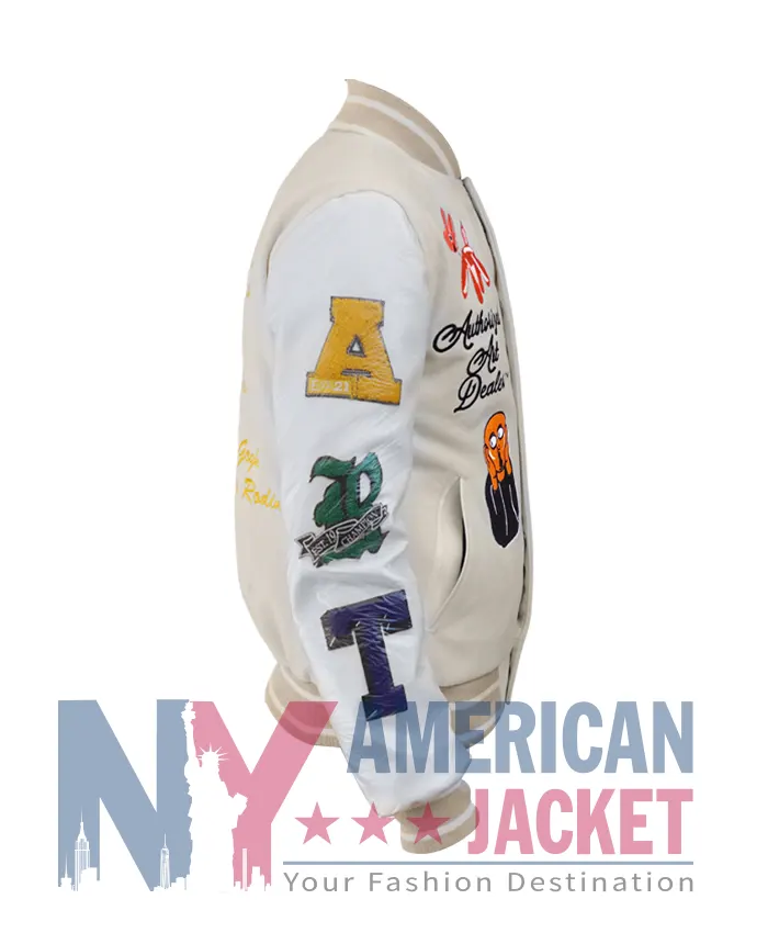 First Row Art Dealer Graphic Cream Varsity Cropped Jacket