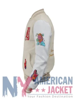 First Row Art Dealer Varsity Cream Graphic Cropped Jacket