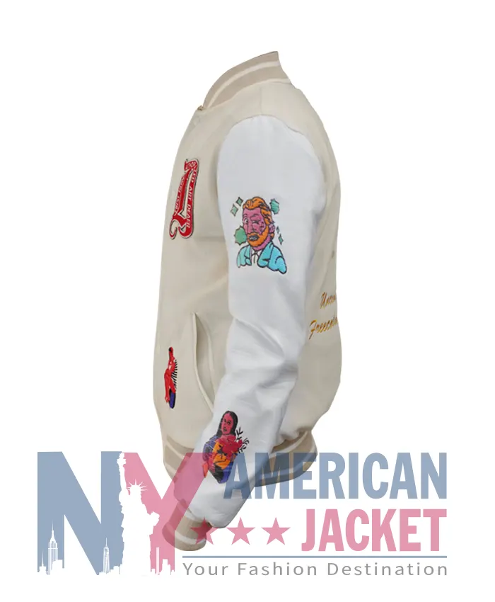 First Row Art Dealer Varsity Cream Graphic Cropped Jacket