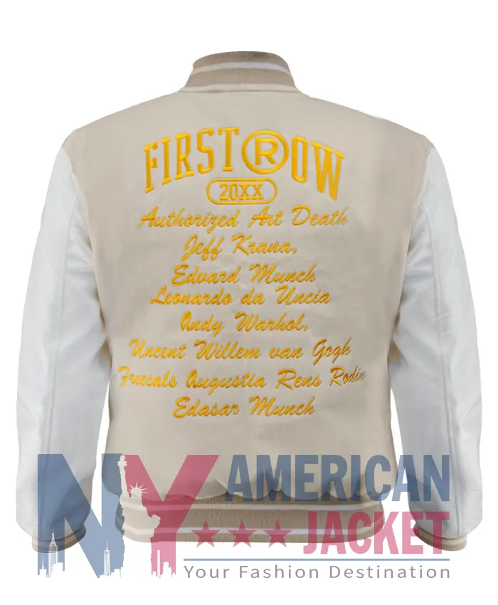 First Row Dealer Art Graphic Cream Varsity Cropped Jacket