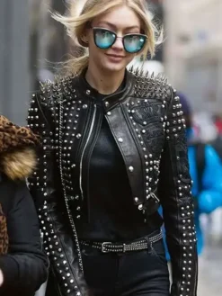 Gigi Hadid Cropped Studded Black Leather Jacket