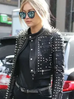 Gigi Hadid Studded Cropped Black Leather Jacket