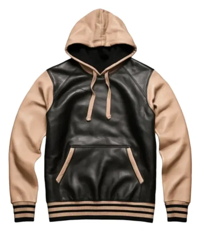 Men's Alwyn Black And Beige Leather Hoodie