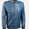 Men’s Band Collar Blue Bomber Leather Jacket