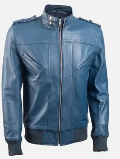 Men’s Band Collar Blue Bomber Leather Jacket