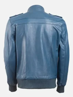 Men’s Band Collar Bomber Blue Leather Jacket