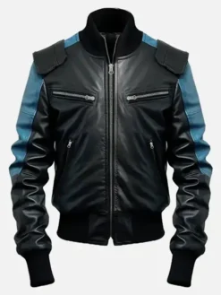 Men’s Black And Blue Bomber Leather Jacket