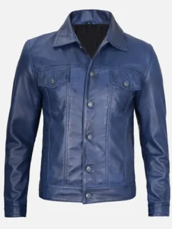 Men’s Blue Leather Trucker Jacket