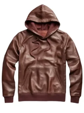 Men's Brown Pullover Style Leather Hoodie