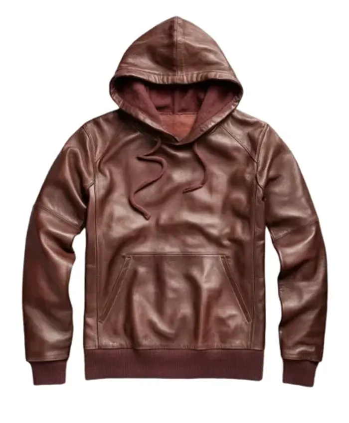 Men's Brown Pullover Style Leather Hoodie
