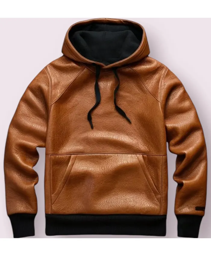 Men’s Brown Real Lambskin Leather Hoodie