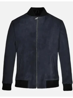 Men’s Dark Blue Suede Bomber Jacket
