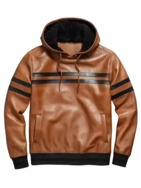 Men’s Pullover Style Brown Leather Hoodie