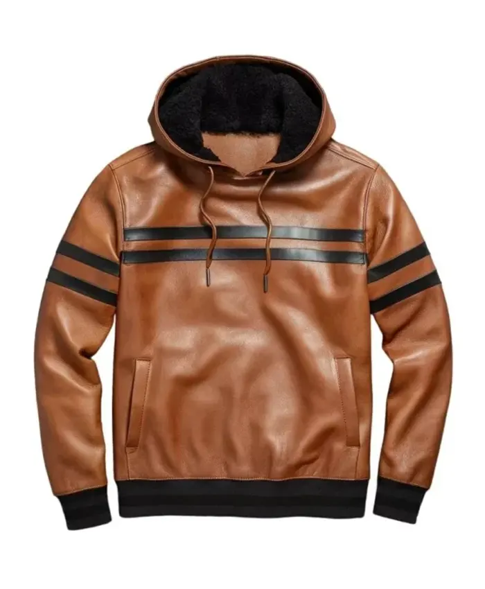 Men’s Pullover Style Brown Leather Hoodie