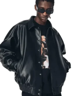 Men's Raglan Sleeve Oversized Black Leather Jacket