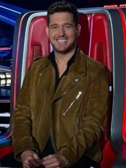 The Voice S28 Michael Buble Brown Suede Biker Jacket