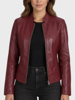 Women’s Best Burgundy Leather Biker Jacket Front