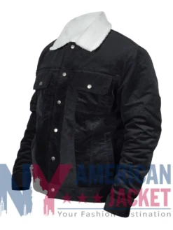 Black Suede Trucker Jacket with White Collar