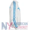 Close-up of Wii White Track Jacket details with fleece fabric and modern sporty style