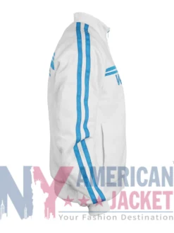Close-up of Wii White Track Jacket details with fleece fabric and modern sporty style