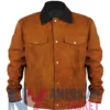 Cognac Brown Suede Trucker Jacket With Black Collar