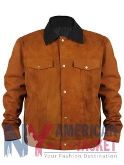 Cognac Brown Suede Trucker Jacket With Black Collar
