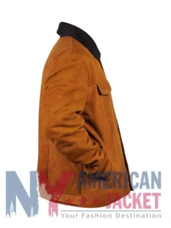 Cognac Brown Trucker Suede Jacket With Black Collar