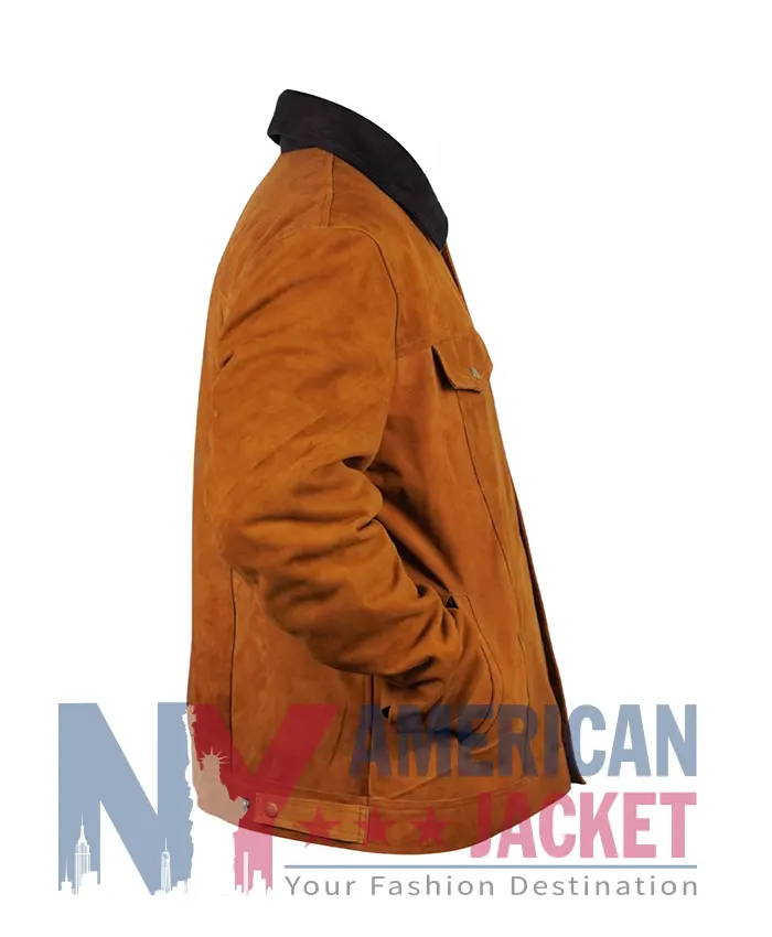 Cognac Brown Trucker Suede Jacket With Black Collar