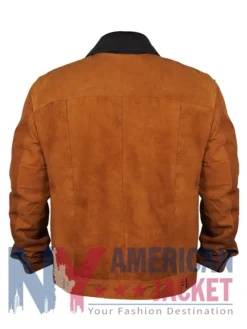 Cognac Suede Brown Trucker Jacket With Black Collar
