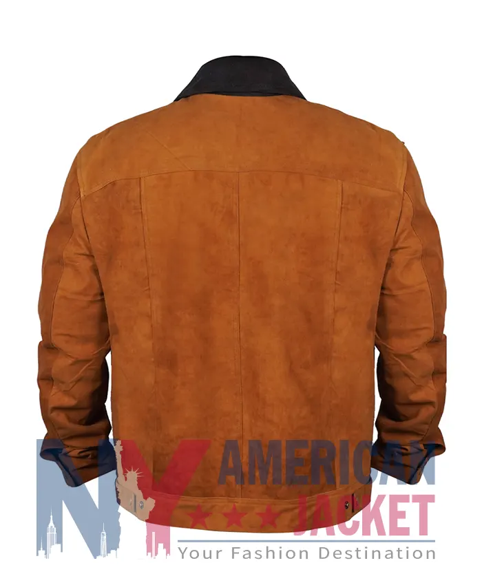 Cognac Suede Brown Trucker Jacket With Black Collar