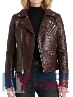 Crocodile Pattern Moto Leather Jacket