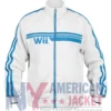 Men and Women Wii White Fleece Track Jacket front view with stand-up collar design