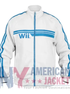 Men and Women Wii White Fleece Track Jacket front view with stand-up collar design