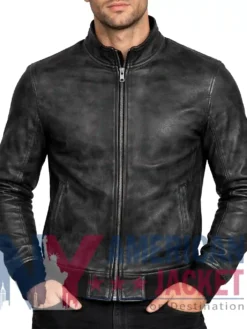 Men's Black Slimfit Leather Bomber Jacket