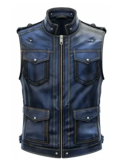 Men's Blue Distressed Leather Vest