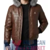 Men’s Brown Hood Quilted Leather Fur Jacket