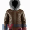 Men’s Brown Quilted Hood Leather Fur Jacket