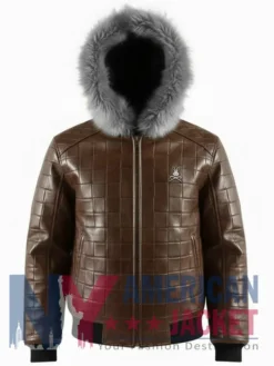 Men’s Brown Quilted Hood Leather Fur Jacket