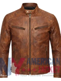 Men's Leather Brown Distressed Bomber Jacket
