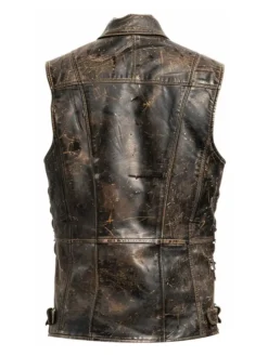 Men's Strap Pockets Brown Distressed Leather Vest