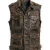 Men's Strap Pockets Distressed Brown Leather Vest