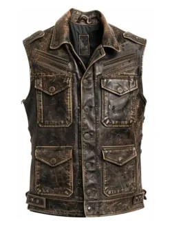 Men's Strap Pockets Distressed Brown Leather Vest