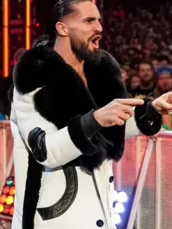 WWE Monday Night RAW Seth Rollins Shearling White Leather Coat For Sale