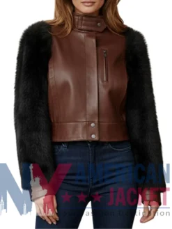 Stegaro Brown Leather Black Fur Sleeve Jacket