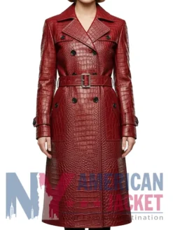 Stegaro Croc-Embossed Maroon Trench Leather Coat