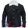 Suede Black Trucker White Jacket with Collar