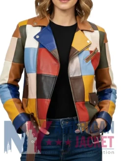 Vibrant Color-Block Biker Leather Jacket