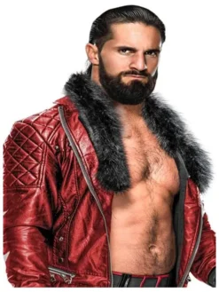 WWE Wrestler Seth Rollins Red Quilted Shearling Leather Jacket