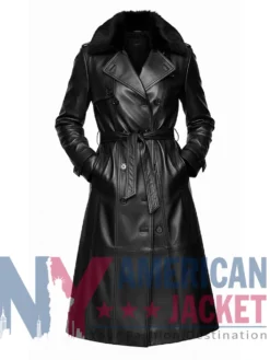 Women's Genuine Leather Coat with Faux Fur Collar
